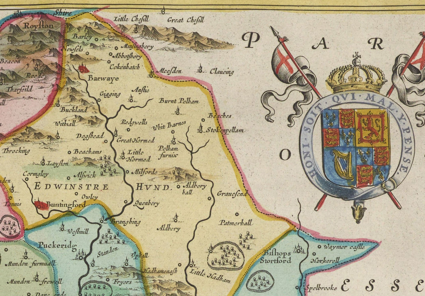 Old Map of Hertfordshire, 1665 by Blaeu - Stevenage, St Albans, Watford, Enfield, Barnet, Hatfield, Hemel Hempstead