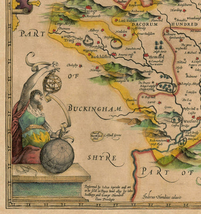 Old Map of Hertfordshire in 1611 by John Speed - Stevenage, St Albans, Watford, Hemel Hempstead