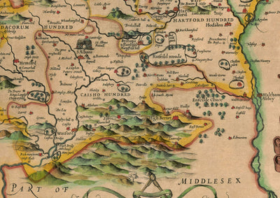 Old Map of Hertfordshire in 1611 by John Speed - Stevenage, St Albans, Watford, Hemel Hempstead