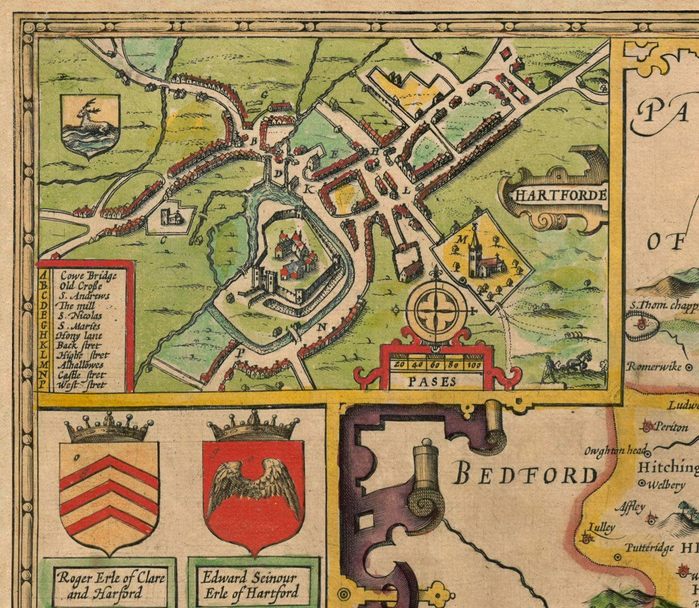 Old Map of Hertfordshire in 1611 by John Speed - Stevenage, St Albans, Watford, Hemel Hempstead