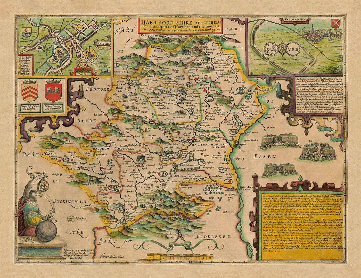Old Map of Hertfordshire in 1611 by John Speed - Stevenage, St Albans, Watford, Hemel Hempstead