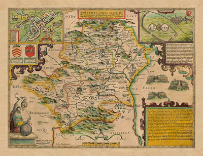 Old Map of Hertfordshire in 1611 by John Speed - Stevenage, St Albans, Watford, Hemel Hempstead