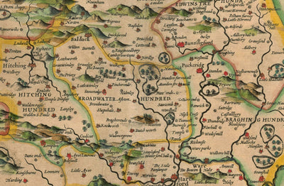 Old Map of Hertfordshire in 1611 by John Speed - Stevenage, St Albans, Watford, Hemel Hempstead