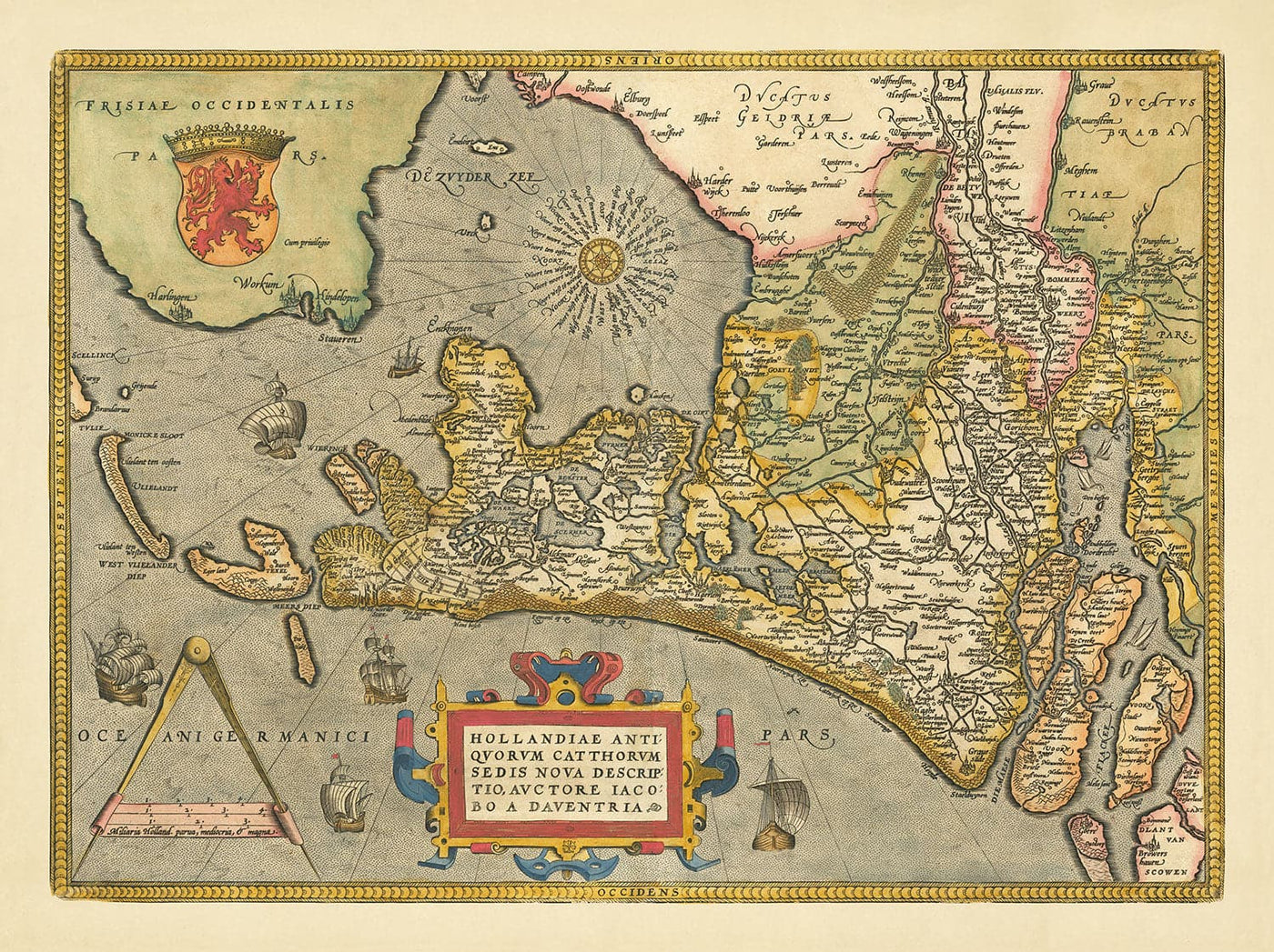 Mapa antiguo de Holanda y Utrecht, 1595 de Abraham Ortelius - Ámsterdam, Rotterdam, Hague, Utrecht