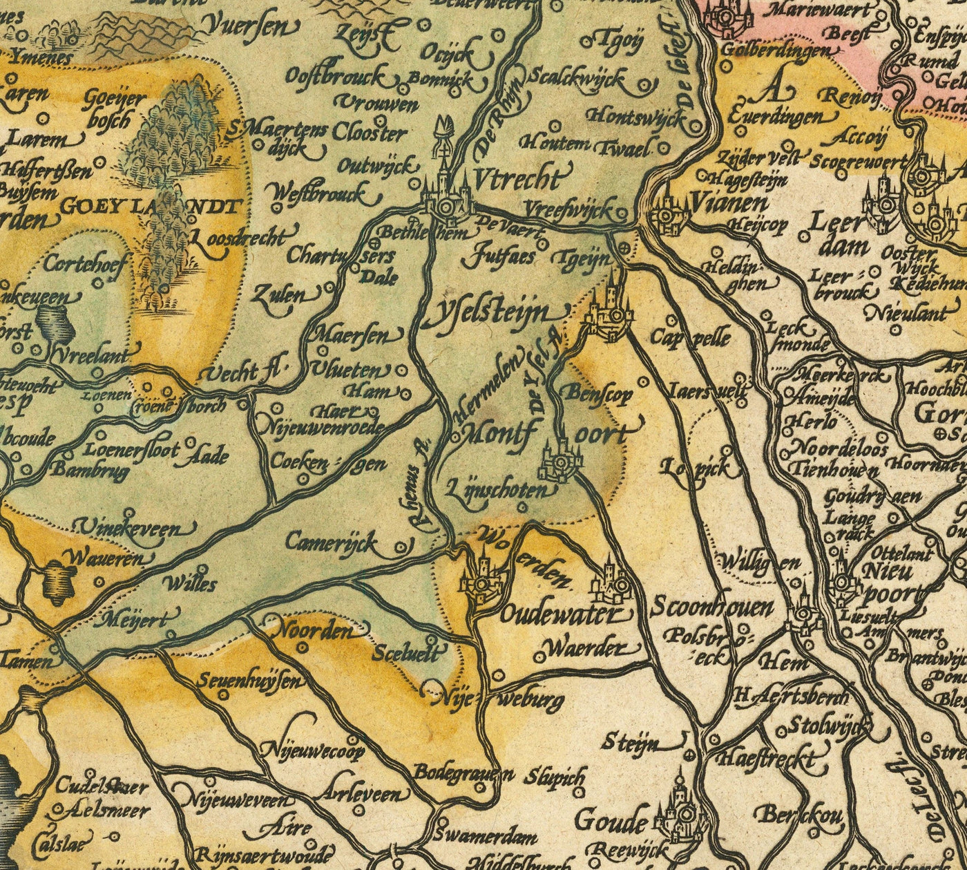Mapa antiguo de Holanda y Utrecht, 1595 de Abraham Ortelius - Ámsterdam, Rotterdam, Hague, Utrecht