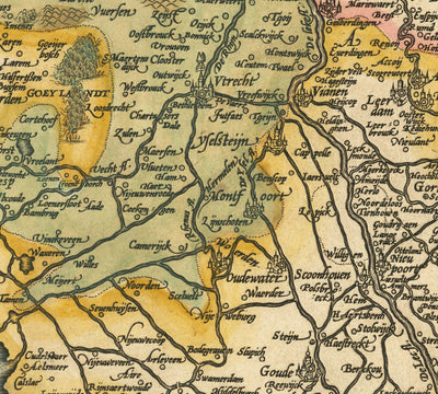 Mapa antiguo de Holanda y Utrecht, 1595 de Abraham Ortelius - Ámsterdam, Rotterdam, Hague, Utrecht