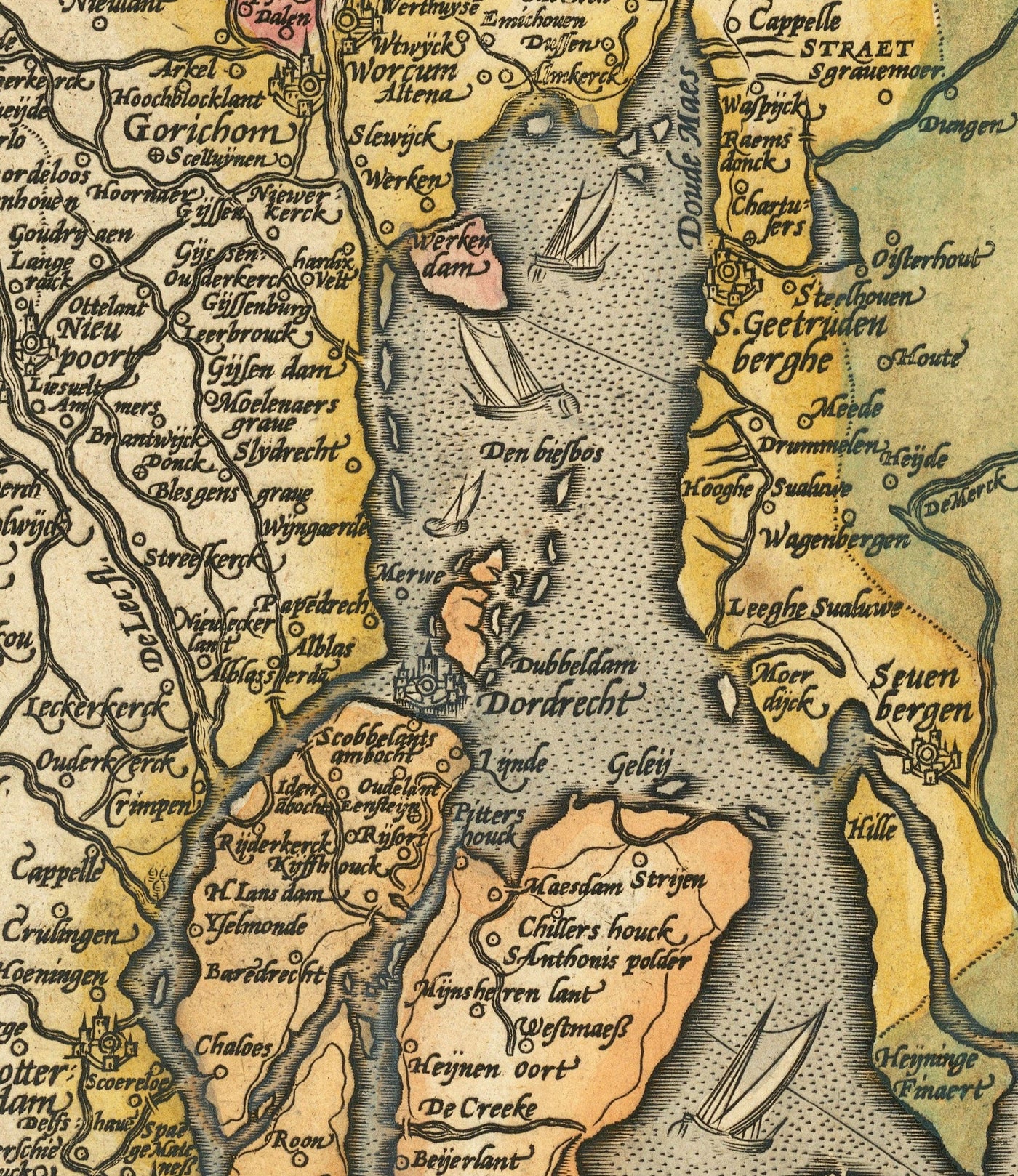 Mapa antiguo de Holanda y Utrecht, 1595 de Abraham Ortelius - Ámsterdam, Rotterdam, Hague, Utrecht