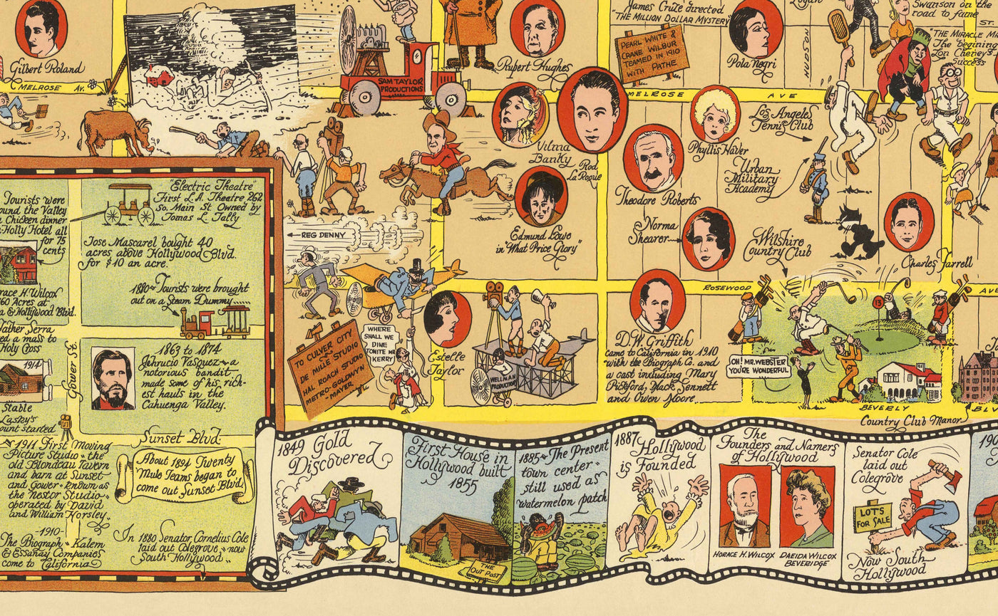 Alte Karte des goldenen Zeitalters von Hollywood, 1928 von Harrison Godwin - Charlie Chaplin, Greta Garbo, Filmstars & Studios 