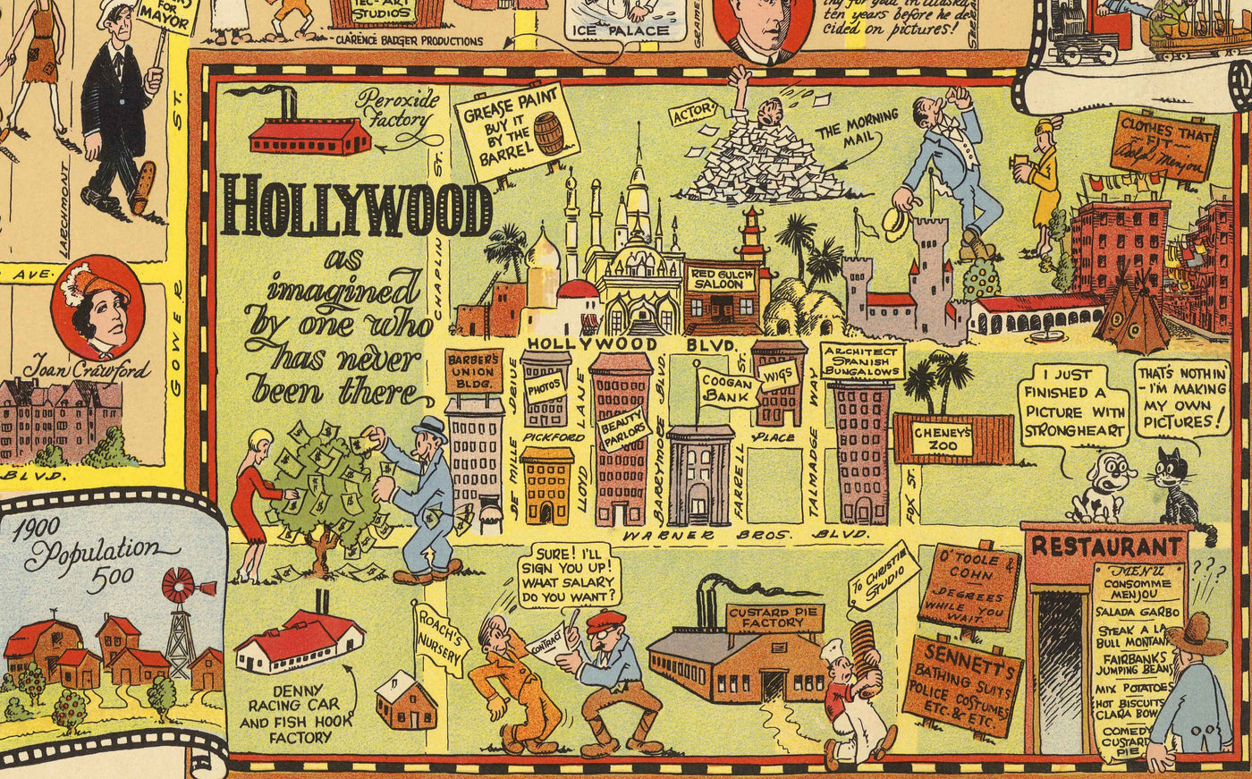 Alte Karte des goldenen Zeitalters von Hollywood, 1928 von Harrison Godwin - Charlie Chaplin, Greta Garbo, Filmstars & Studios 