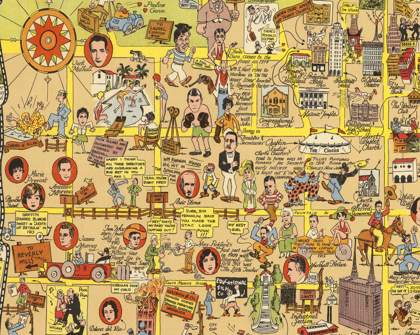 Alte Karte des goldenen Zeitalters von Hollywood, 1928 von Harrison Godwin - Charlie Chaplin, Greta Garbo, Filmstars & Studios 
