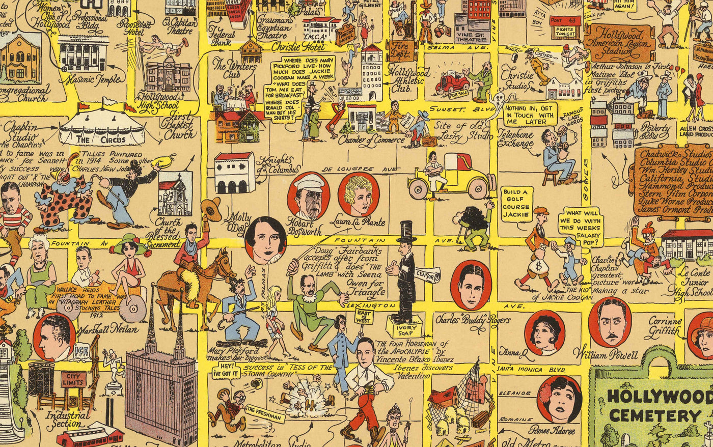 Alte Karte des goldenen Zeitalters von Hollywood, 1928 von Harrison Godwin - Charlie Chaplin, Greta Garbo, Filmstars & Studios 