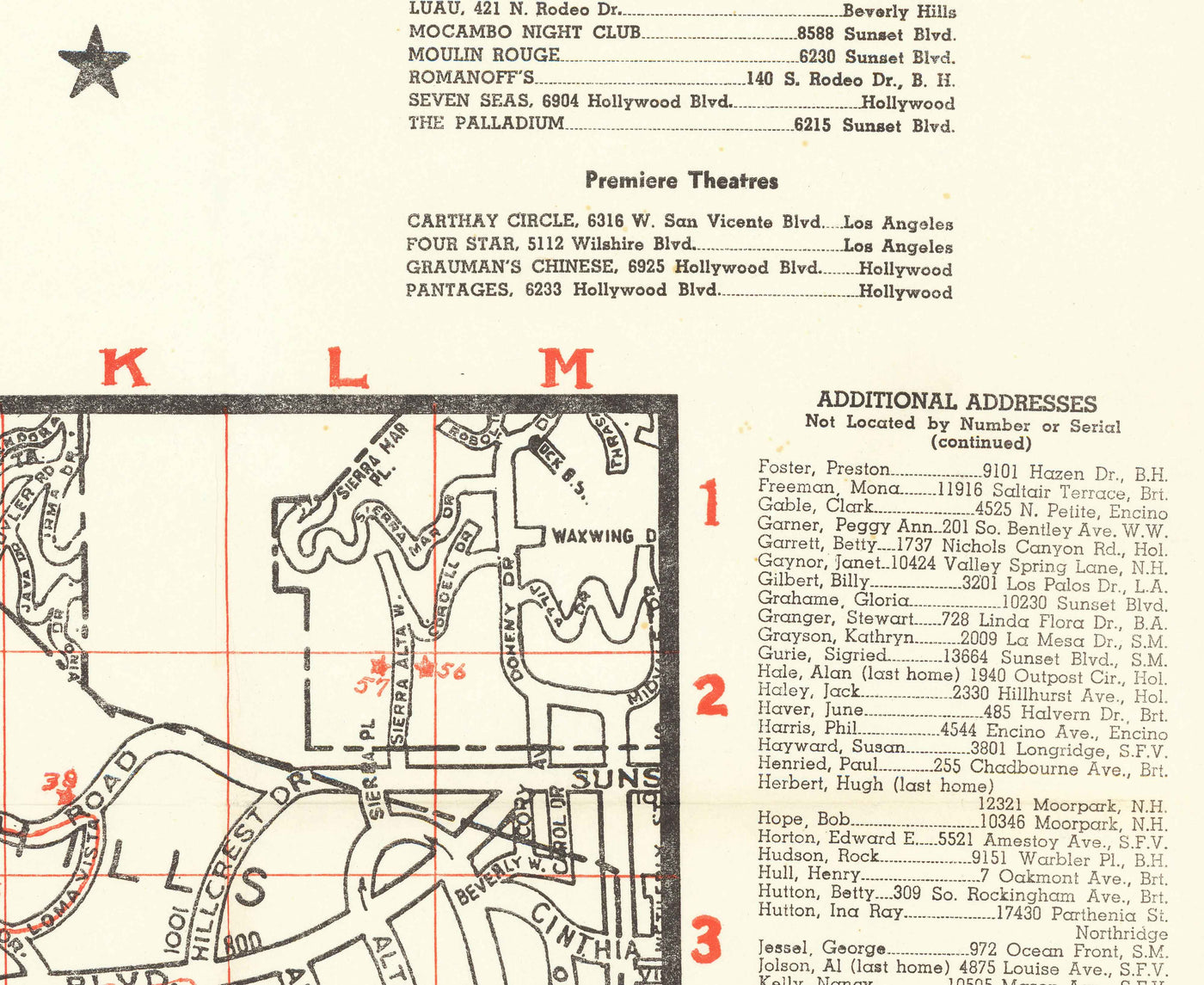 Alte Hollywood Souvenirkarte von "Starland", 1956 - Beverly Hills, Bel Air, Sunset, Filmstar-Häuser und Adressen 