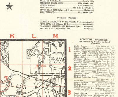 Alte Hollywood Souvenirkarte von "Starland", 1956 - Beverly Hills, Bel Air, Sunset, Filmstar-Häuser und Adressen 