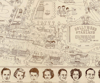 Alte bildliche Karte von Hollywood Starland, 1937 von Don Boggs - Filmstars, Filmgeschichte, Beverly Hills, Santa Monica, Malibu 