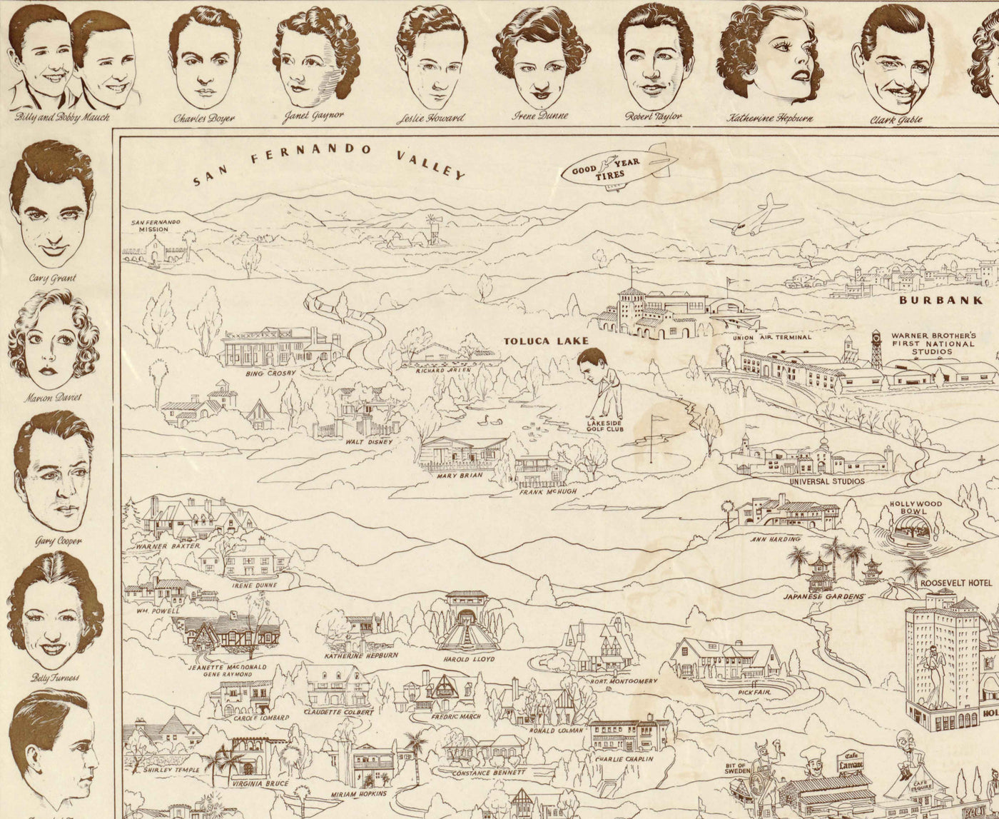 Alte bildliche Karte von Hollywood Starland, 1937 von Don Boggs - Filmstars, Filmgeschichte, Beverly Hills, Santa Monica, Malibu 