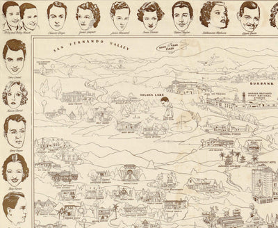 Alte bildliche Karte von Hollywood Starland, 1937 von Don Boggs - Filmstars, Filmgeschichte, Beverly Hills, Santa Monica, Malibu 