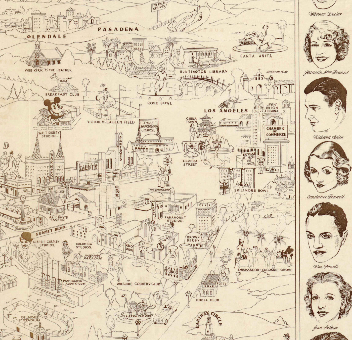 Alte bildliche Karte von Hollywood Starland, 1937 von Don Boggs - Filmstars, Filmgeschichte, Beverly Hills, Santa Monica, Malibu 