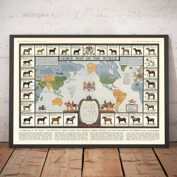 Old Horse Map, 1936 - Old World Atlas Chart with Origins of Breeds - Thoroughbred, Mustang, Shire, Polo Pony, Arabian