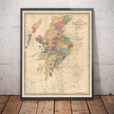Carte des clans d'Écosse par WH Lizars, 1822 : rare carte en couleurs des Highlands d'Écosse 