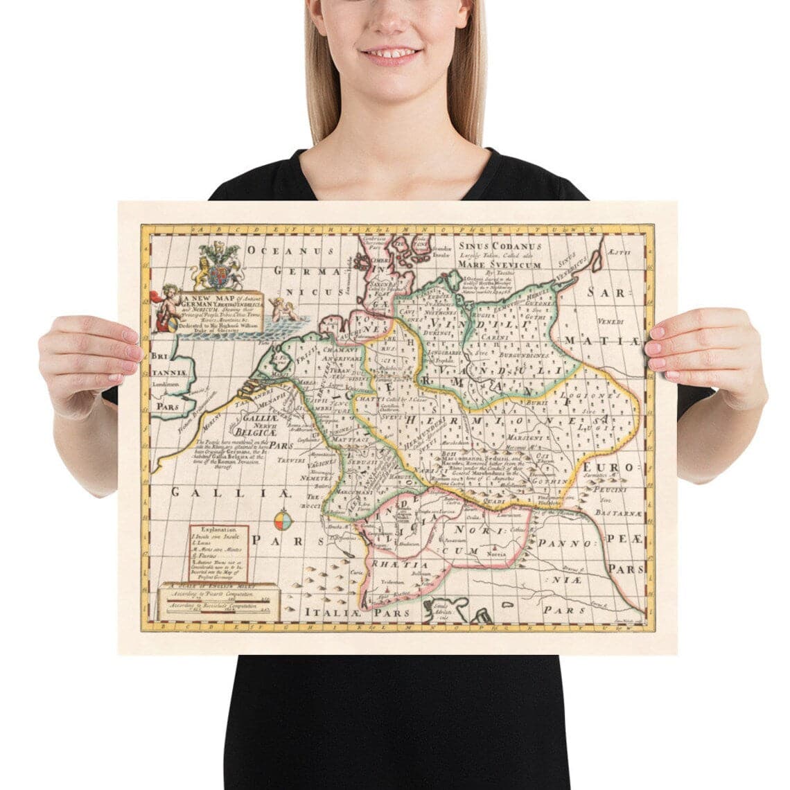 Mapa antiguo de la antigua Alemania, 1712 - Germania, Tribus Germánicas, Noricum, Raetia, Austria, Suiza, Polonia, Dinamarca