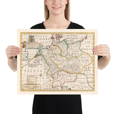 Mapa antiguo de la antigua Alemania, 1712 - Germania, Tribus Germánicas, Noricum, Raetia, Austria, Suiza, Polonia, Dinamarca