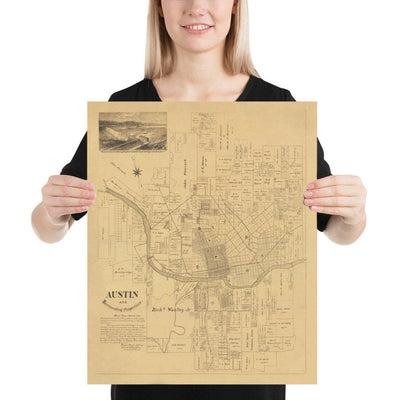 Mapa antiguo raro de Austin, Texas en 1891 - Plan de la ciudad muy temprano, Capitolio del estado, Ferrocarril, UT Austin, Dam Austin