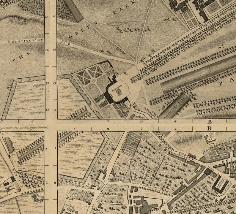 Carte ancienne personnalisée de Londres par John Rocque, 1746
