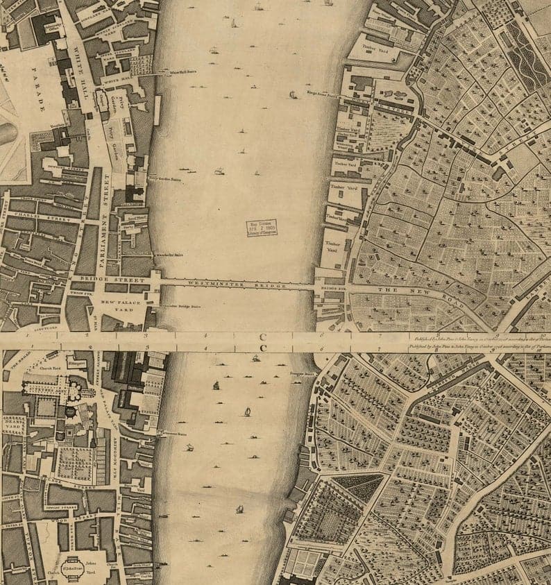 Carte ancienne personnalisée de Londres par John Rocque, 1746
