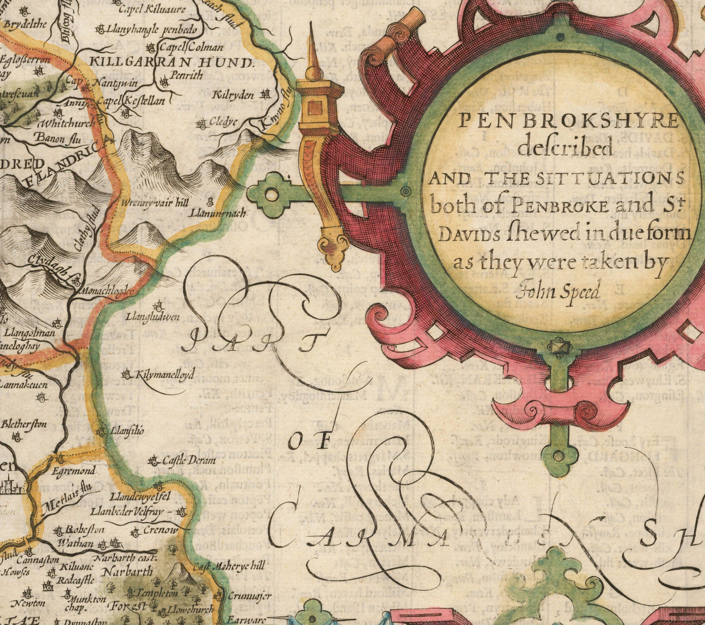 Ancienne carte de Pembrokeshire Galles 1611 John Vitesse - Haverfordwest, St Davids, Garde de poisson