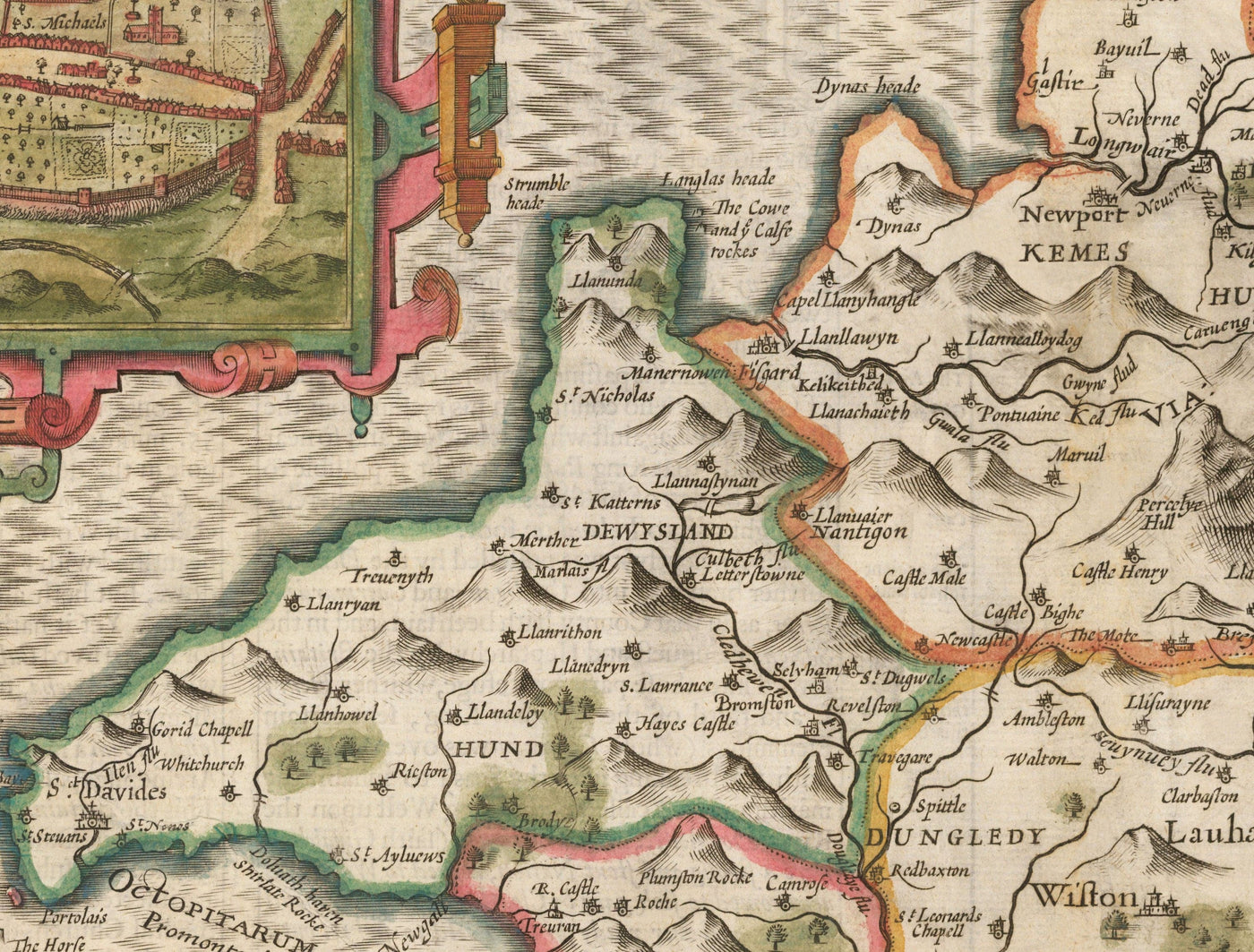 Ancienne carte de Pembrokeshire Galles 1611 John Vitesse - Haverfordwest, St Davids, Garde de poisson