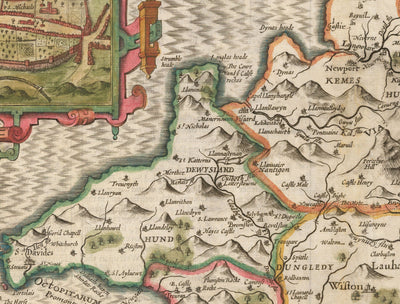 Ancienne carte de Pembrokeshire Galles 1611 John Vitesse - Haverfordwest, St Davids, Garde de poisson