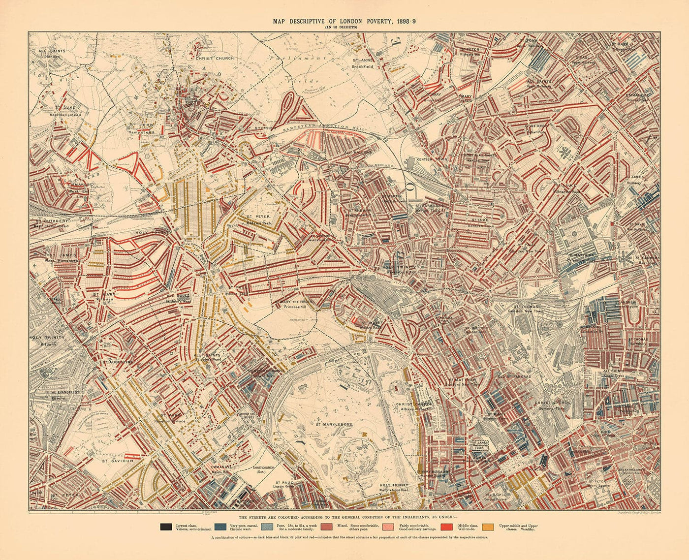 Riesige alte Armutskarte von London von Charles Booth, 1888-9 