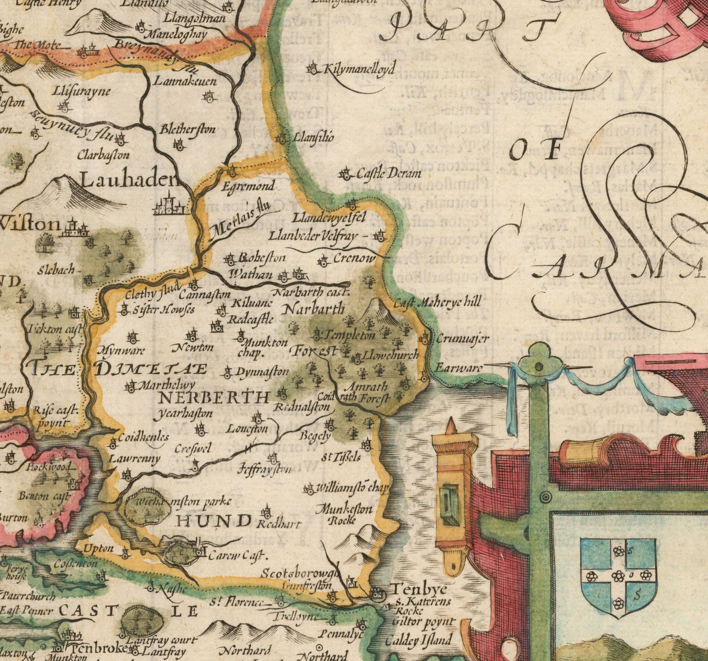Ancienne carte de Pembrokeshire Galles 1611 John Vitesse - Haverfordwest, St Davids, Garde de poisson