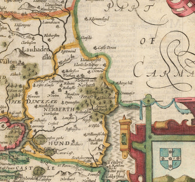 Ancienne carte de Pembrokeshire Galles 1611 John Vitesse - Haverfordwest, St Davids, Garde de poisson