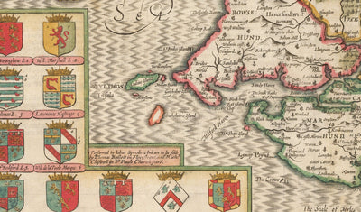 Ancienne carte de Pembrokeshire Galles 1611 John Vitesse - Haverfordwest, St Davids, Garde de poisson