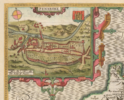 Ancienne carte de Pembrokeshire Galles 1611 John Vitesse - Haverfordwest, St Davids, Garde de poisson