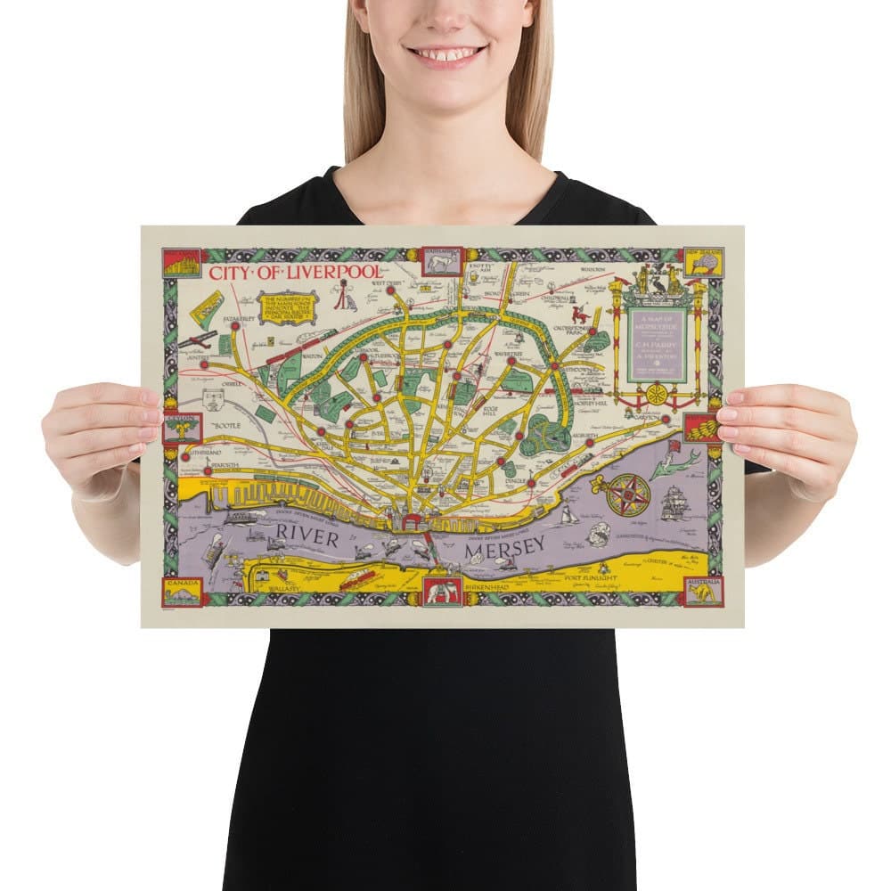 Viejo mapa de Liverpool, 1934 de GH Parry - Gráfico de la ciudad pictórica - Mersey, muelles, parques, edificios antiguos