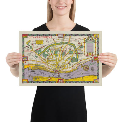 Viejo mapa de Liverpool, 1934 de GH Parry - Gráfico de la ciudad pictórica - Mersey, muelles, parques, edificios antiguos