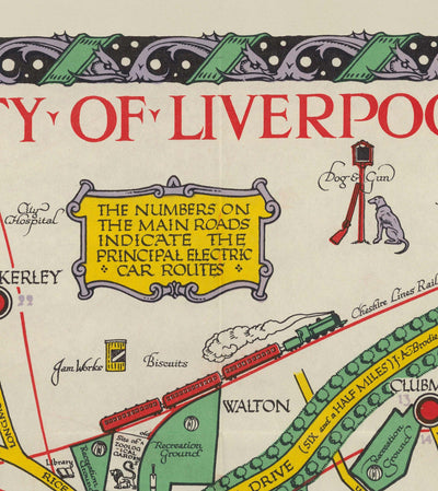 Viejo mapa de Liverpool, 1934 de GH Parry - Gráfico de la ciudad pictórica - Mersey, muelles, parques, edificios antiguos