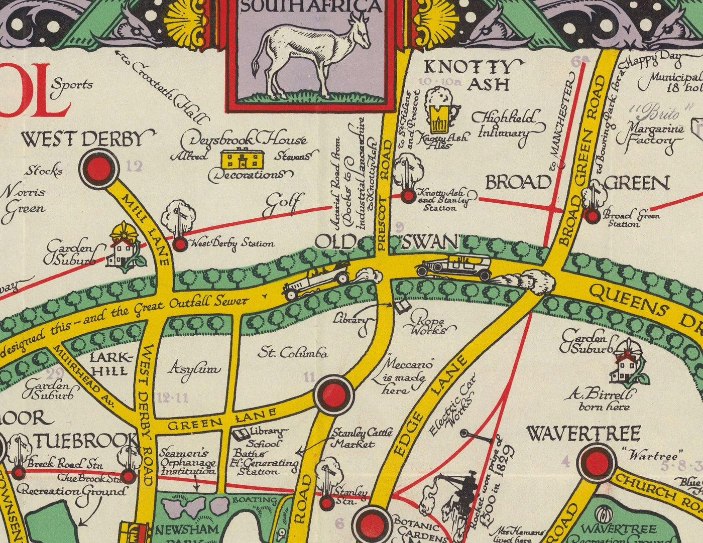 Viejo mapa de Liverpool, 1934 de GH Parry - Gráfico de la ciudad pictórica - Mersey, muelles, parques, edificios antiguos