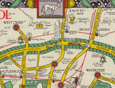 Viejo mapa de Liverpool, 1934 de GH Parry - Gráfico de la ciudad pictórica - Mersey, muelles, parques, edificios antiguos