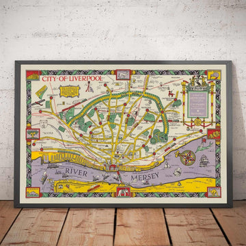 Alte Karte von Liverpool, 1934 von GH Parry - Bildliche Stadtkarte - Mersey, Docks, Parks, alte Gebäude 