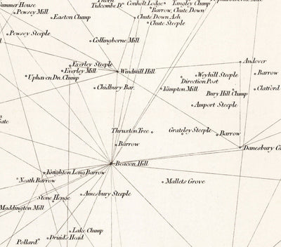 Viejo Mapa de Hampshire, 1811 - Primera Tabla de Encuestas de artillería de triangulación - Colinas, Castillos, Steegles