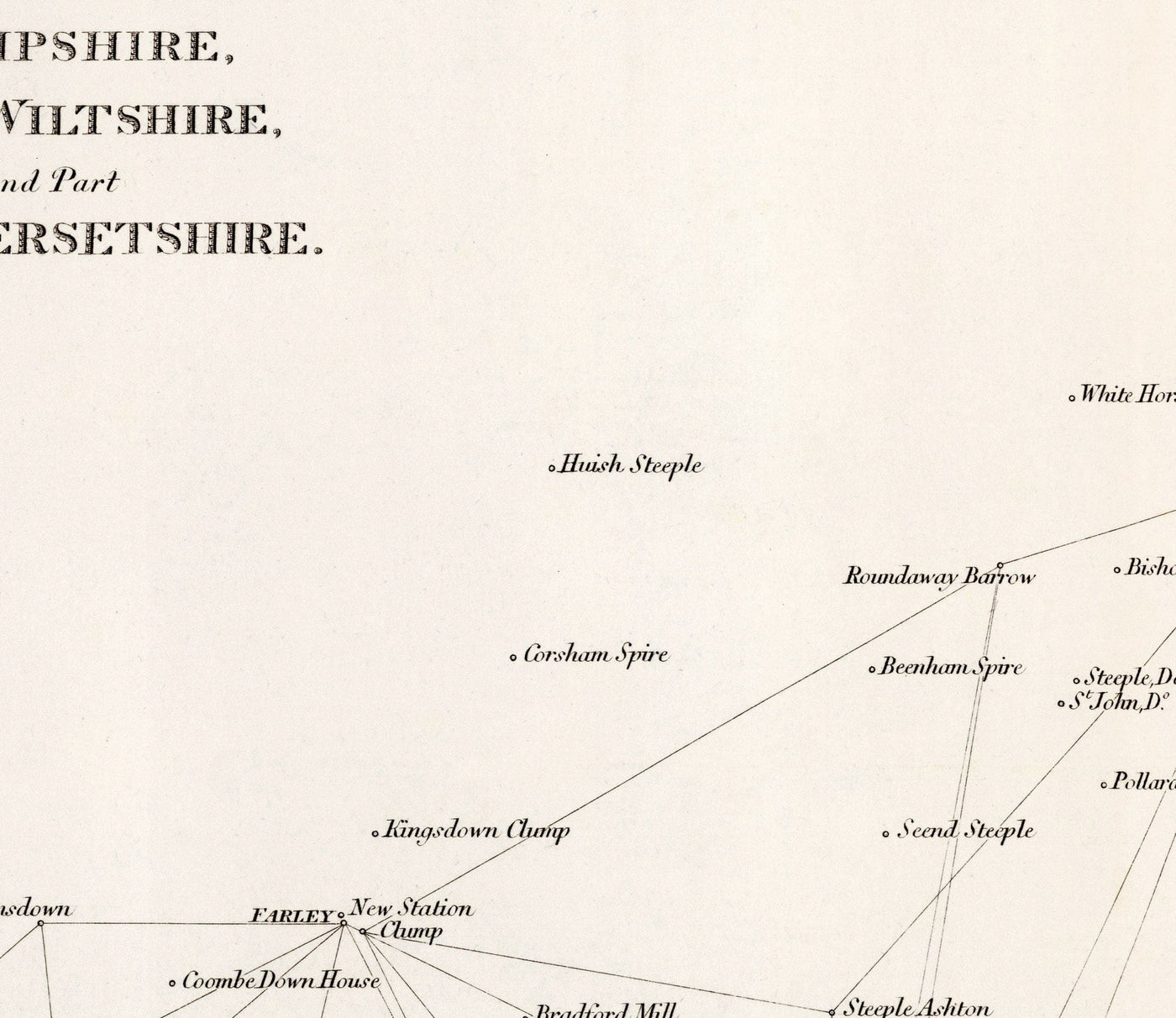 Viejo Mapa de Hampshire, 1811 - Primera Tabla de Encuestas de artillería de triangulación - Colinas, Castillos, Steegles