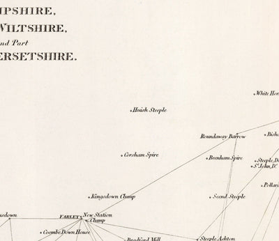 Viejo Mapa de Hampshire, 1811 - Primera Tabla de Encuestas de artillería de triangulación - Colinas, Castillos, Steegles