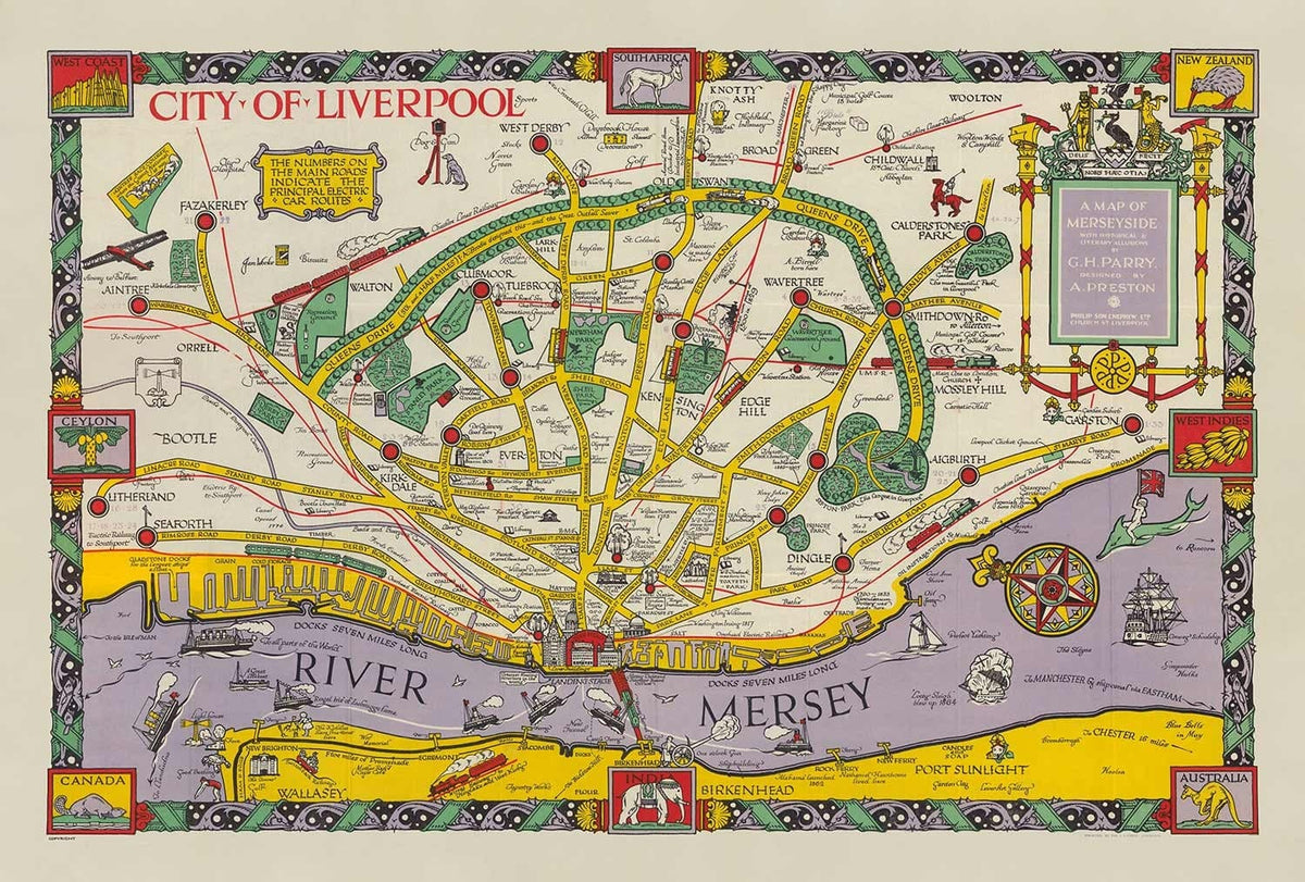 Alte Karte von Liverpool, 1934 von GH Parry - Bildliche Stadtkarte - Mersey, Docks, Parks, alte Gebäude 