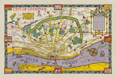 Viejo mapa de Liverpool, 1934 de GH Parry - Gráfico de la ciudad pictórica - Mersey, muelles, parques, edificios antiguos