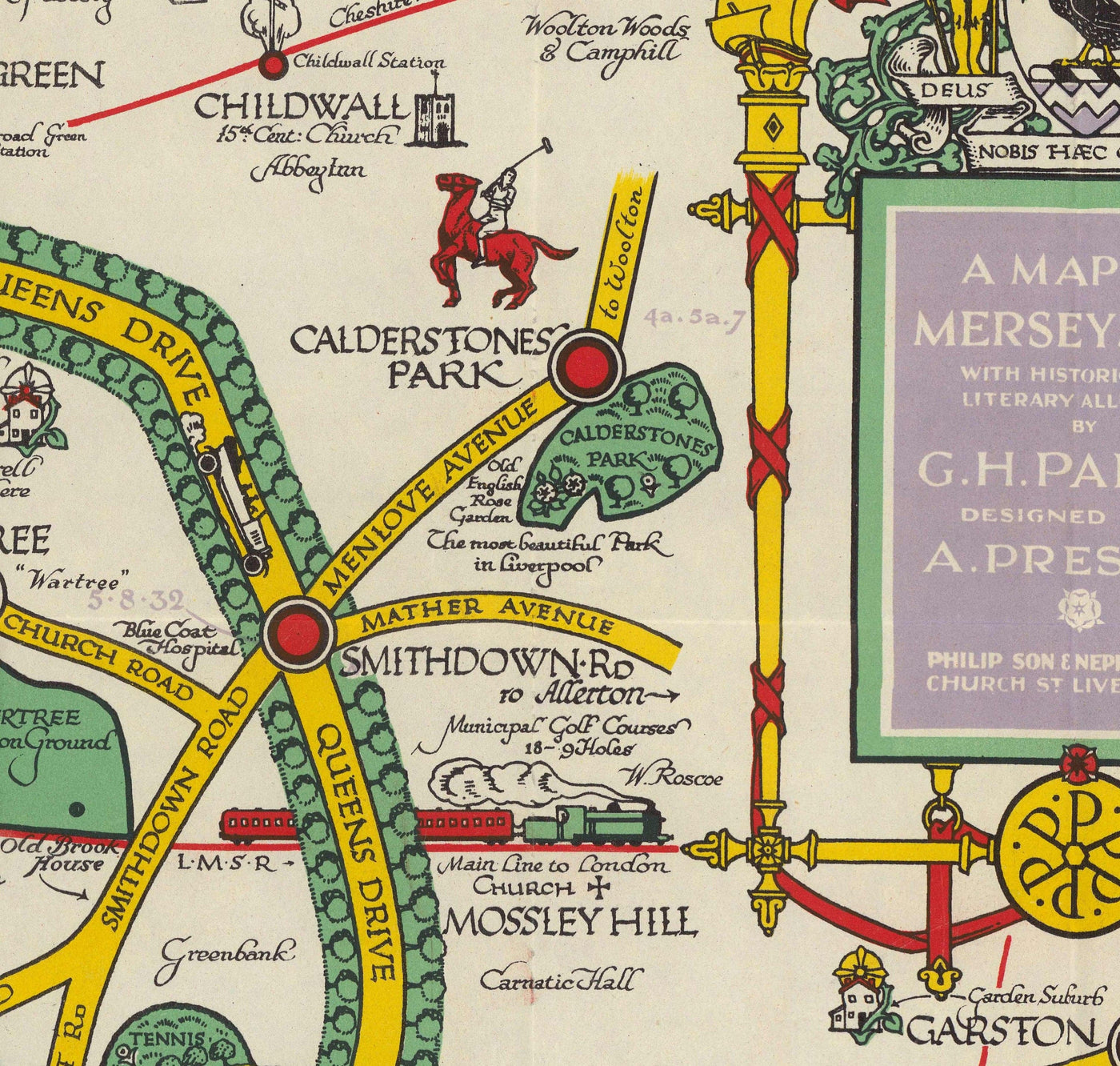 Viejo mapa de Liverpool, 1934 de GH Parry - Gráfico de la ciudad pictórica - Mersey, muelles, parques, edificios antiguos