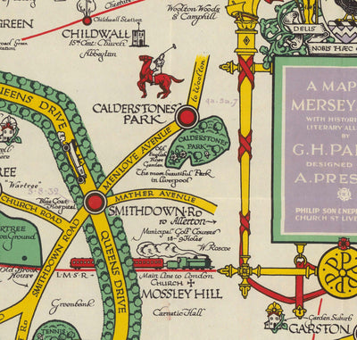 Viejo mapa de Liverpool, 1934 de GH Parry - Gráfico de la ciudad pictórica - Mersey, muelles, parques, edificios antiguos