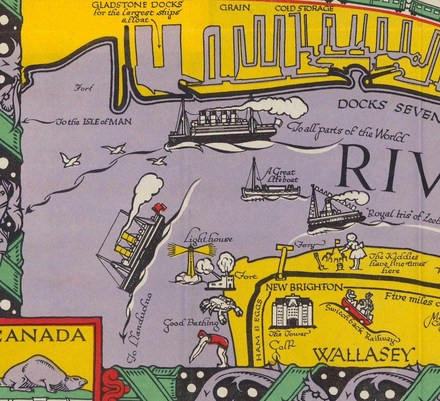 Viejo mapa de Liverpool, 1934 de GH Parry - Gráfico de la ciudad pictórica - Mersey, muelles, parques, edificios antiguos